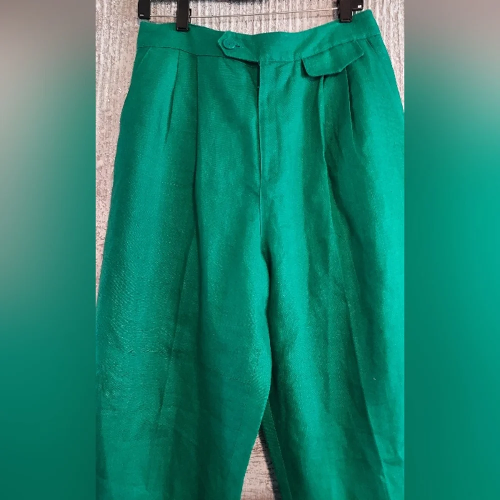 CHAUS Vintage Emersld Green 100% Ramie High Waist Pleated Trousers